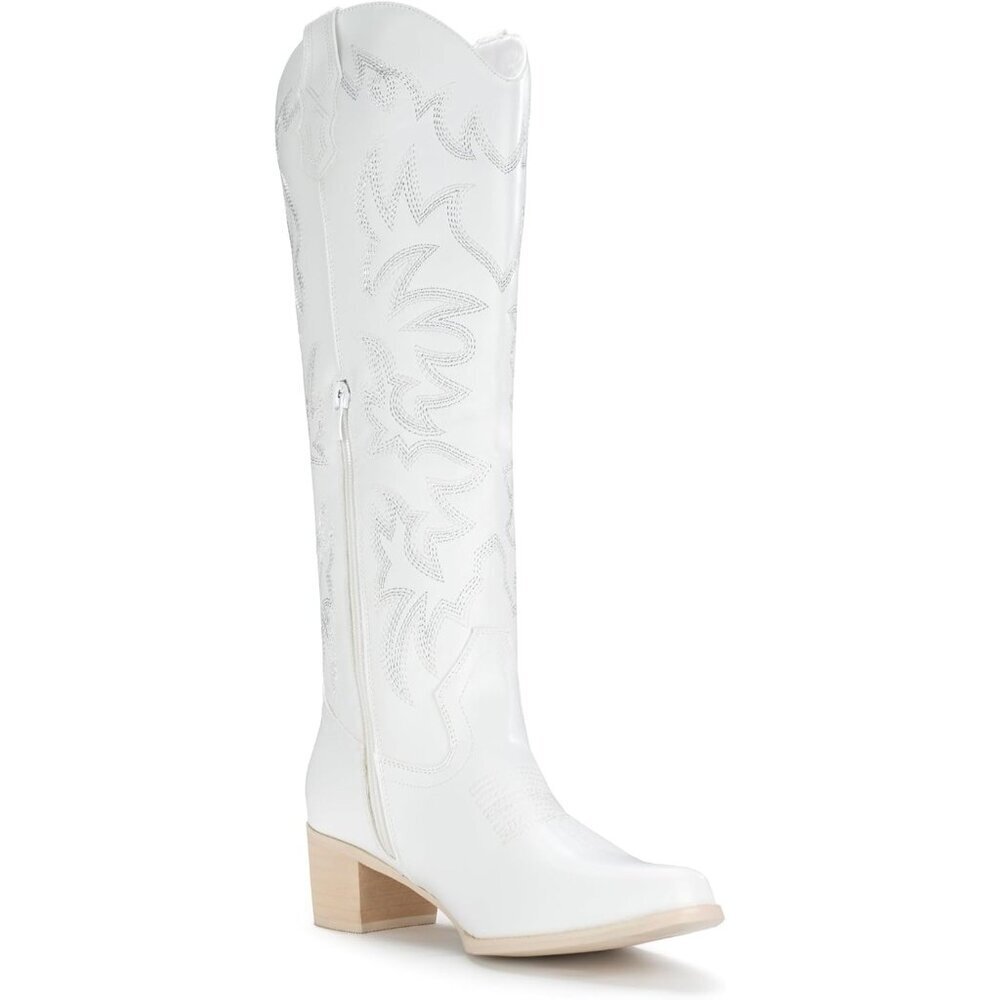 Women's White Knee High Western Cowgirl Boots Snip Toe Side Zipper Chunky Heel - Picture 2 of 6
